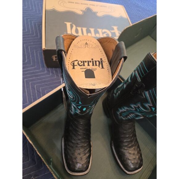 Ferrini mens cowboy Quail Ostrich Exotic Genuine Leather black square toe Boots main image 6